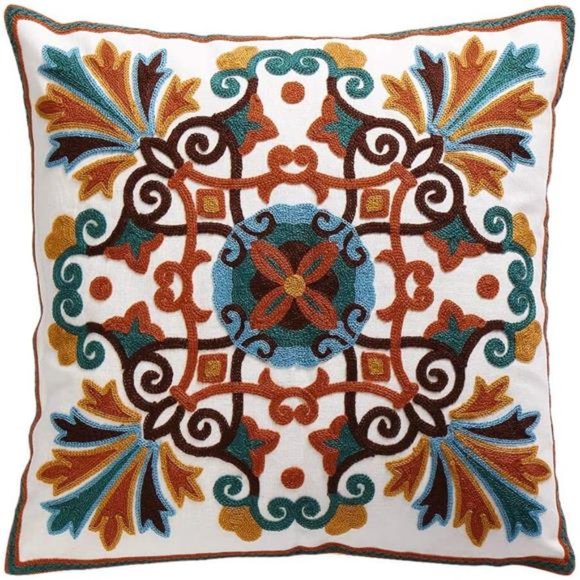 Throw Pillow Cover 18x18inch Pack of 1Embroidered Pattern 100% Cotton Decorative - Picture 1 of 6